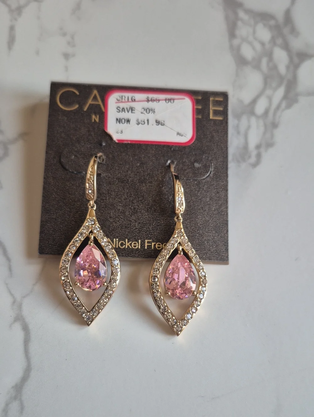 Beautiful Vintage Carolee Pink Crystal Teardrop  Dangle Earrings